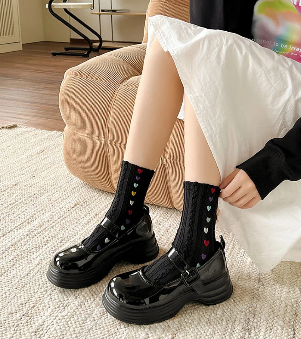Ins Colorful Heart Braid Five Finger Socks For Women Spring Autumn Middle Tube Cotton Socks Breathable Crew Socks Streetwear 250409