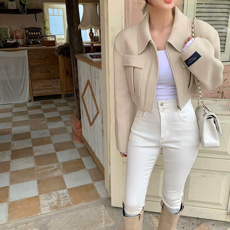 Korean ins winter new Korean style handsome short design sense flip pocket zipper woolen jacket for women240919