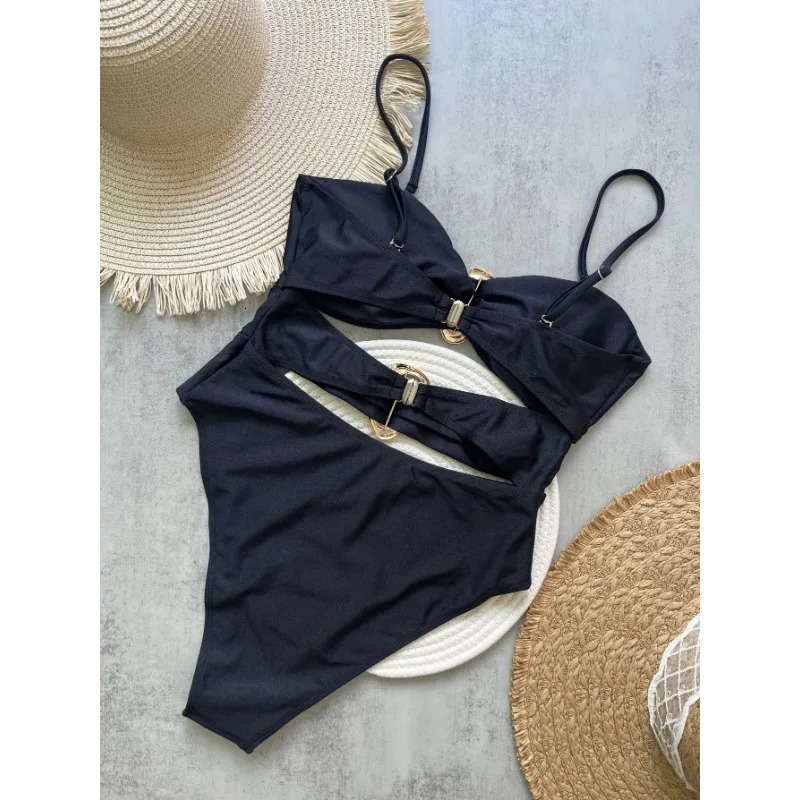 3color sexy metal ring cut womens onepiece swimsuit Bandeau long leg bathtub B022D 250409