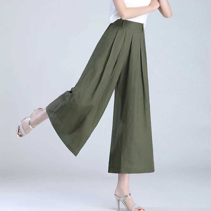 Linen nine point wide leg pants for women in spring 2024 thin pants leather high waisted eight point pants casual loose pants cotton linenXJ250403