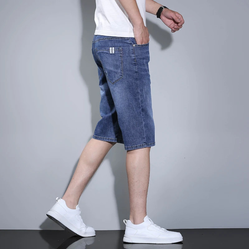 Thin denim shorts mens summer stretch classic business casual Korean straight cotton soft jeans clothing 250409