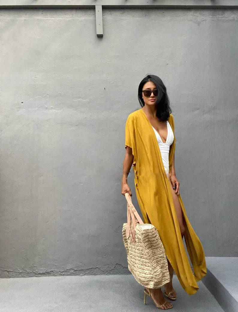 oversized solid beach jacket sun protection cardigan bikini cover vacation swimsuit womens coat kimono Villano Mujer 250409
