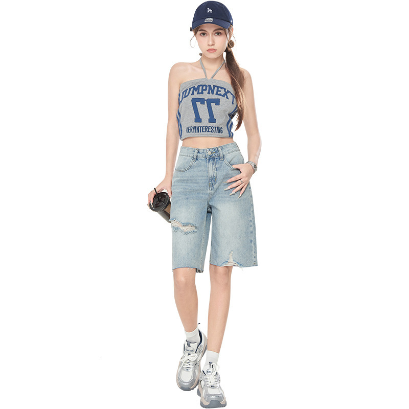 2025S Designer Shorts For Women Broken Hole Denim Shorts For Women New Summer American Style Loose Wide Legged Small Cropped Shorts Mid Length Pants B
