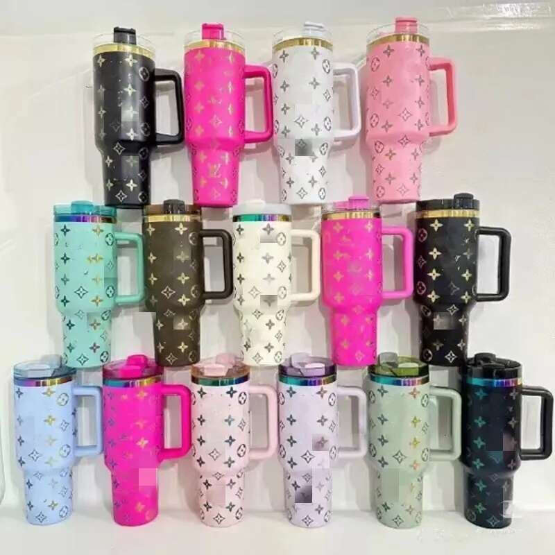 US Stock Designer 40Oz 304 Stainless Steel Tumblers Cat 40 OZ Travel Car Cup With Handle Straw Vacuum Insulated Drinking Mug In Hand 3 Days Delivery Gd0409