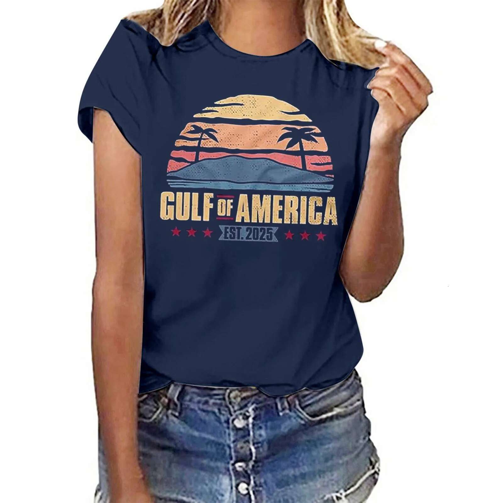 Dongdumaoyi Gulf Of America Est T Shirt For Women S Letter Print Crew Neck Short Sleeve Tee Tops Female Clothes Shirt
