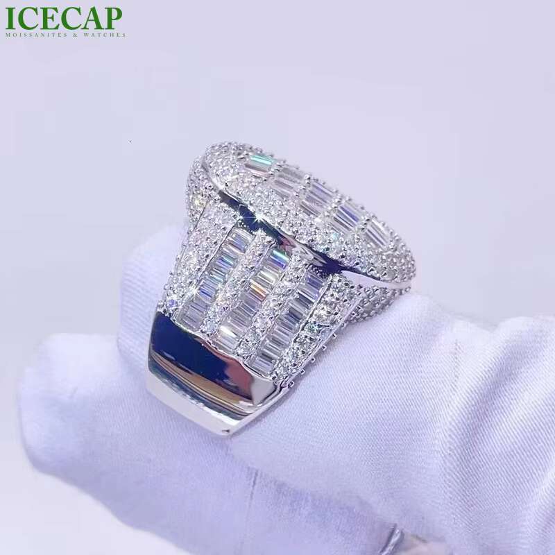 Rapper Custom Luxury Jewelry 925 Silver Rings Rectangular Hip Hop Diamond Ring Boxes Jewellery Packaging Moissanite Ring Men
