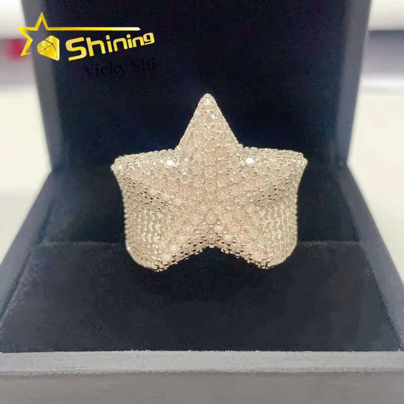 GRA Certificated Hip Hop Star Diamond Ring Custom Solid Back Men 925 Sterling Silver Gold Plated Moissanite Ring