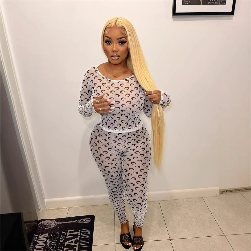 2025S Designer Women S Set New Trendy Fashionable Moon Print Slim Fit Sexy Perspective Round Neck Long Sleeved Top And Pants Set