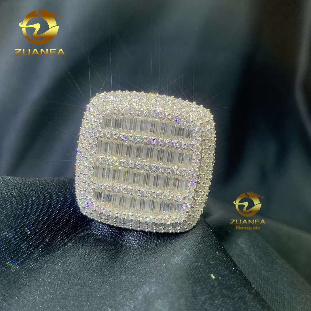 New Designs Ready to Ship Hip Hop Jewelry 925 Sterling Silver VVS baguette Moissanite Diamond Iced Out Rings for Men