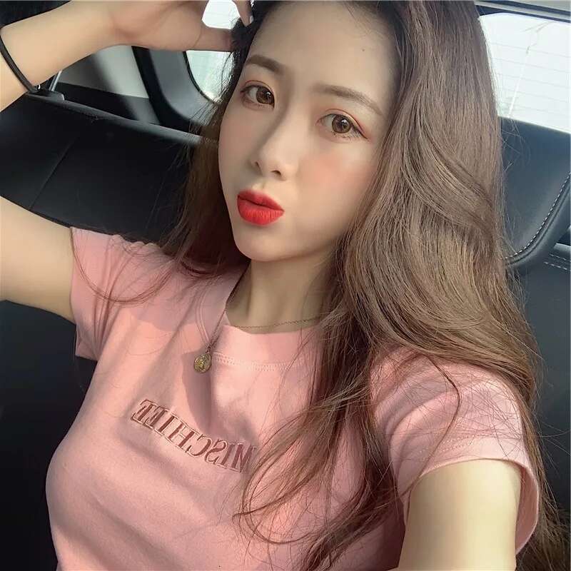 2024 Summer O-Neck Short Sleeve T-shirts Casual Slim Women Letter Embroidery Korean Tee Tops CDPF-WYP-914