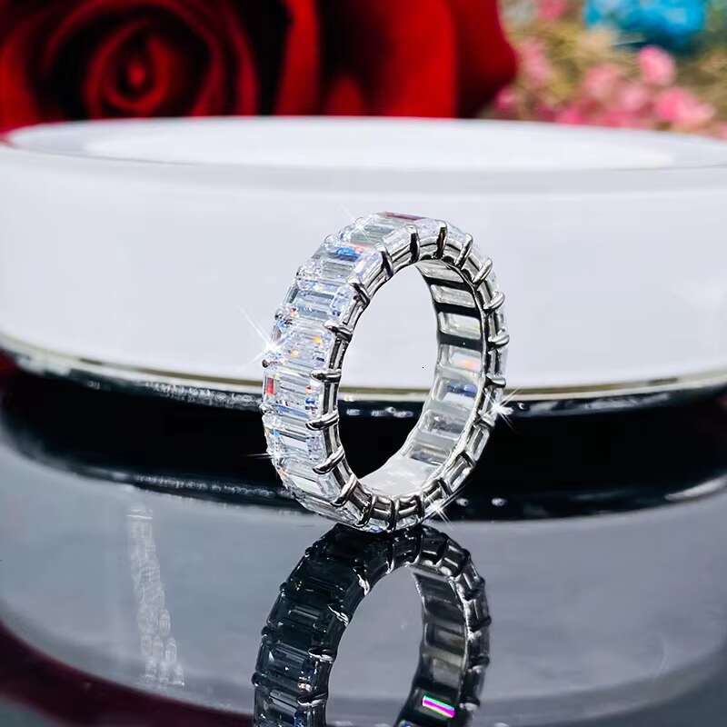 Emrald Cut Moissanite Eternity Band Ring 18K White Gold Plated Brilliant Wedding Jewelry with GRA DEF Unique Selling Points
