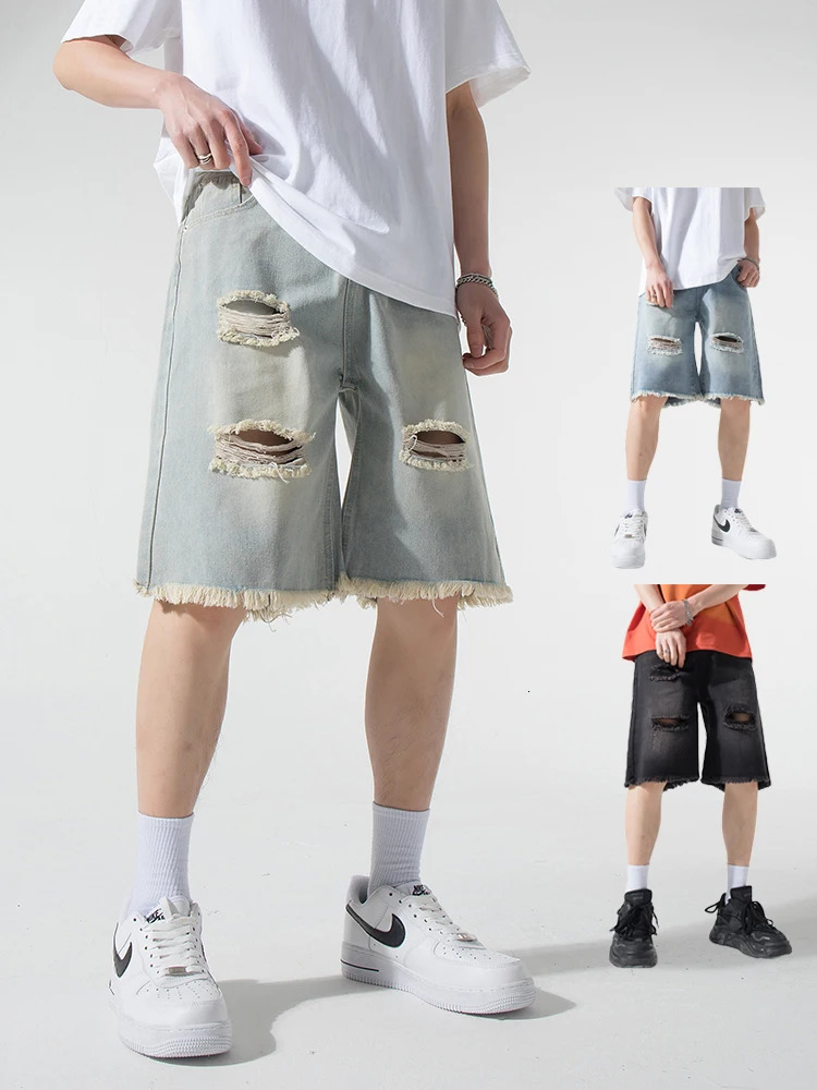 Streetwear torn denim shorts mens summer straight loose jeans washed retro size M3XL 250409