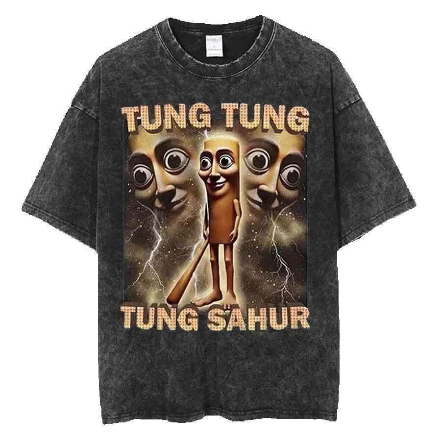 JP pure cotton 100% pattern printed Tung Sahur funny Italian Brainrot meme washed Haruku men's and women's T-shirt