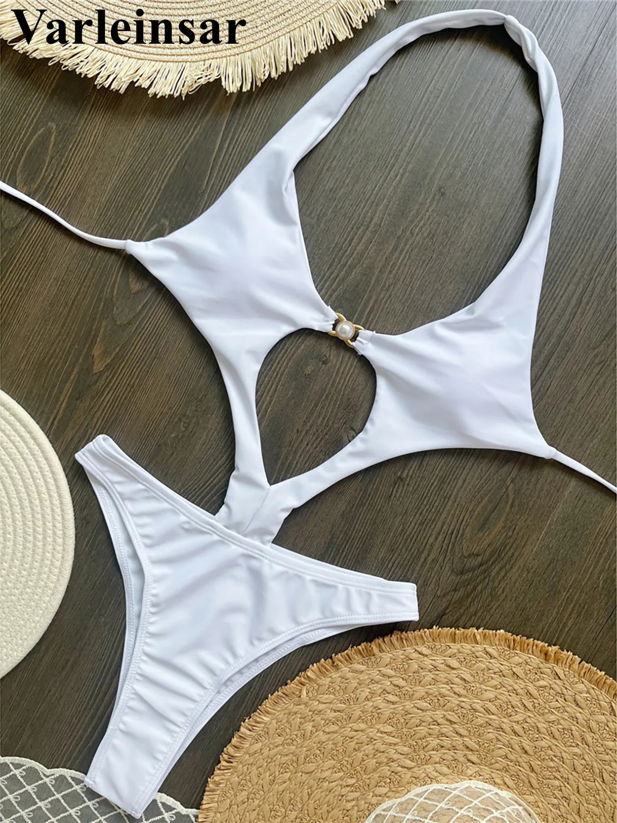 Sexy cut hanger high leg womens onepiece swimsuit pearl Monokini apron bathroom V6590 250409