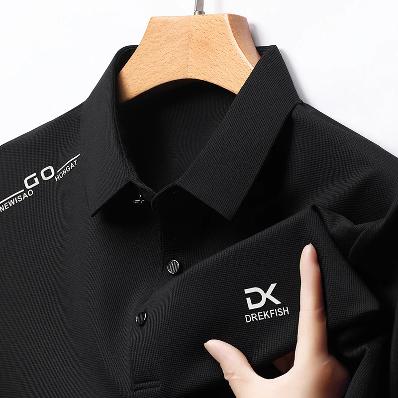 Summer Mens Letter Printed Ice Silk Polo Shirt Trendy Business Casual Traceless Lapel T-shirt Mens Top 250407