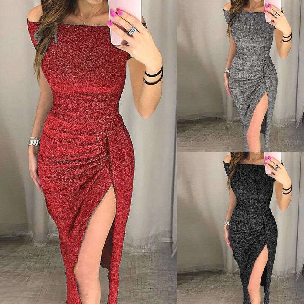 Women's Bodycon Slit Off-Shoulder Shiny Evening Gown Night club black cocktail dress DRESSES FOR WOMEN