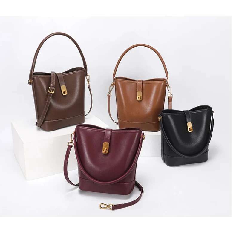 Fashion Women's Genuine Cow Leather Shoulder Bags Ladies Versatile Designer Crossbody Bag Female Bucket Handbags For Lady