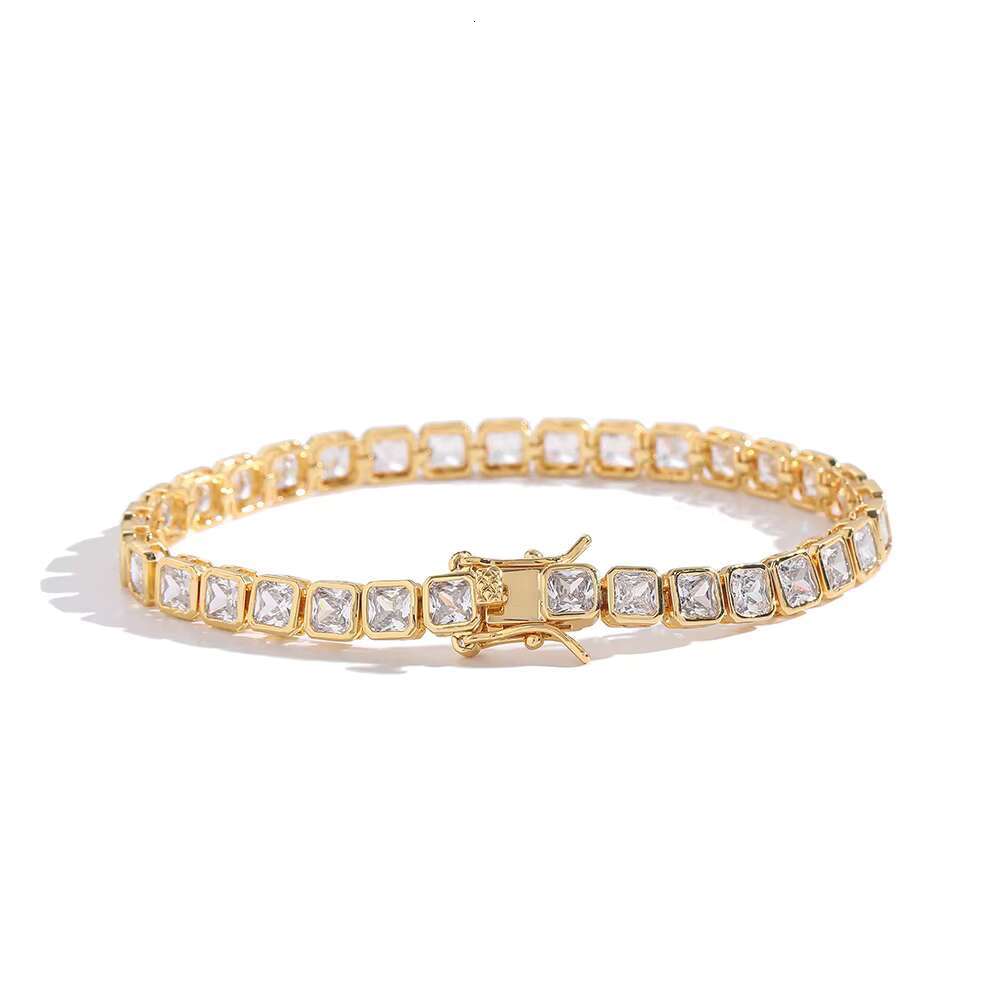 Gold Plated Asscher Cut Zirconia Tennis Chain Men 4x4mm Single Row Micro Inlaid Copper Zircon Hip Hop Style Brass Necklace