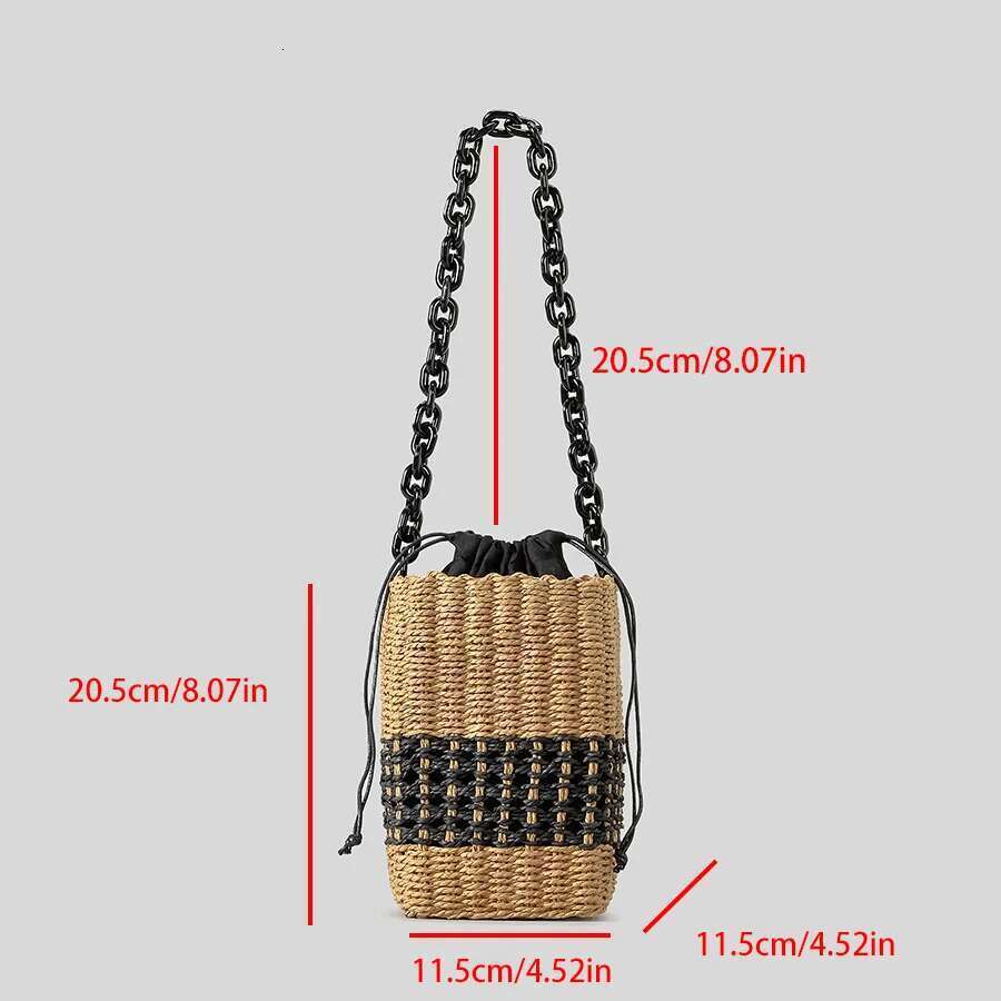 Female Summer Square Straw Design Acrylic Chain Women's Drawstring Shoulder Bohemian Bali Vacation Travel Beach Bag