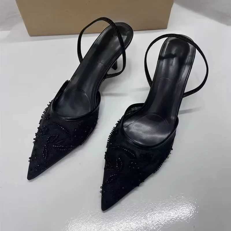 New Arrival 2025 New Black Womens Embroidered Mesh Open High Heels Fashion Printed Stiletto High Heels Womens High Heels Pump Sexy Point Sandals T2504