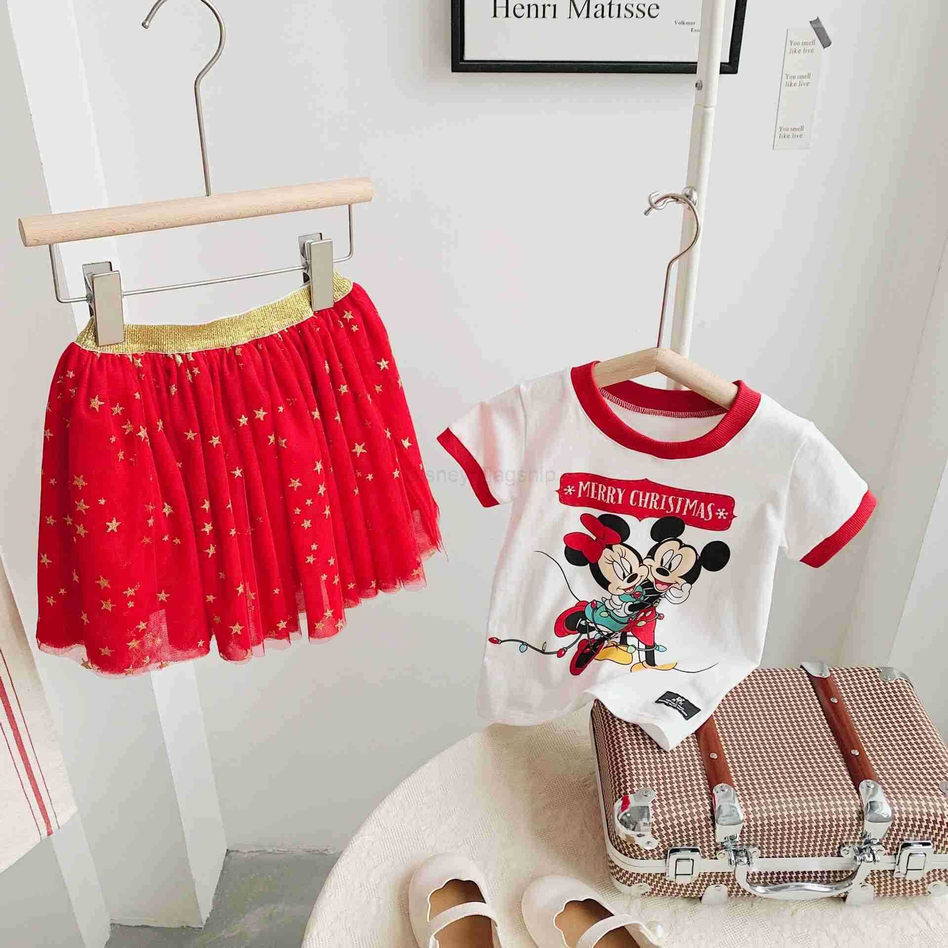 Disney 21107 Summer New Product Cartoon Printed Short Sleeve Star Mesh Red Half Skirt Girls SetXJ250409