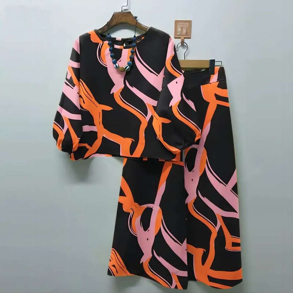 2025 Spring New Women's Geometric Print Casual Matching Bohemian Top Wide-Leg Pants 2-Piece Set