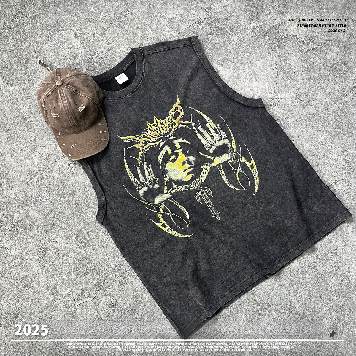 2025 New Product Wax Grinding Edge Shoulder Digital Printing Men's Tank Top Splicing Water Washed Sleeveless T-shirt Men
