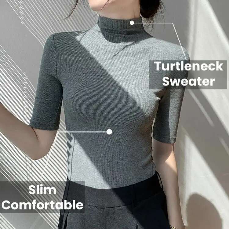 Turtleneck Sweater Bottom Shirt Women's Medium Short Sleeve Tops Spring Summer Autumn Slim Black Knit Inside t-shirt Soft