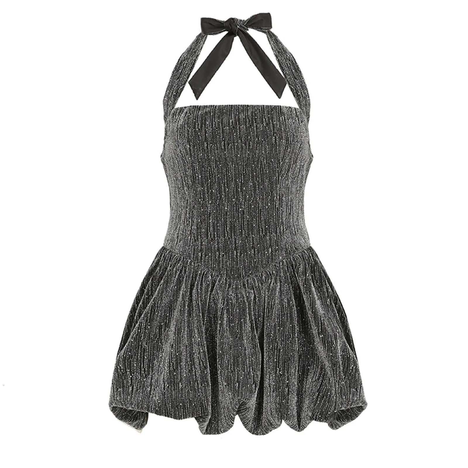 Dongdumaoyi Sexy Halter Evening Party Dress Club Fashion Elegant Bright Silk Backless Slim Fit Pleated Bubble Dresses Spring Summer