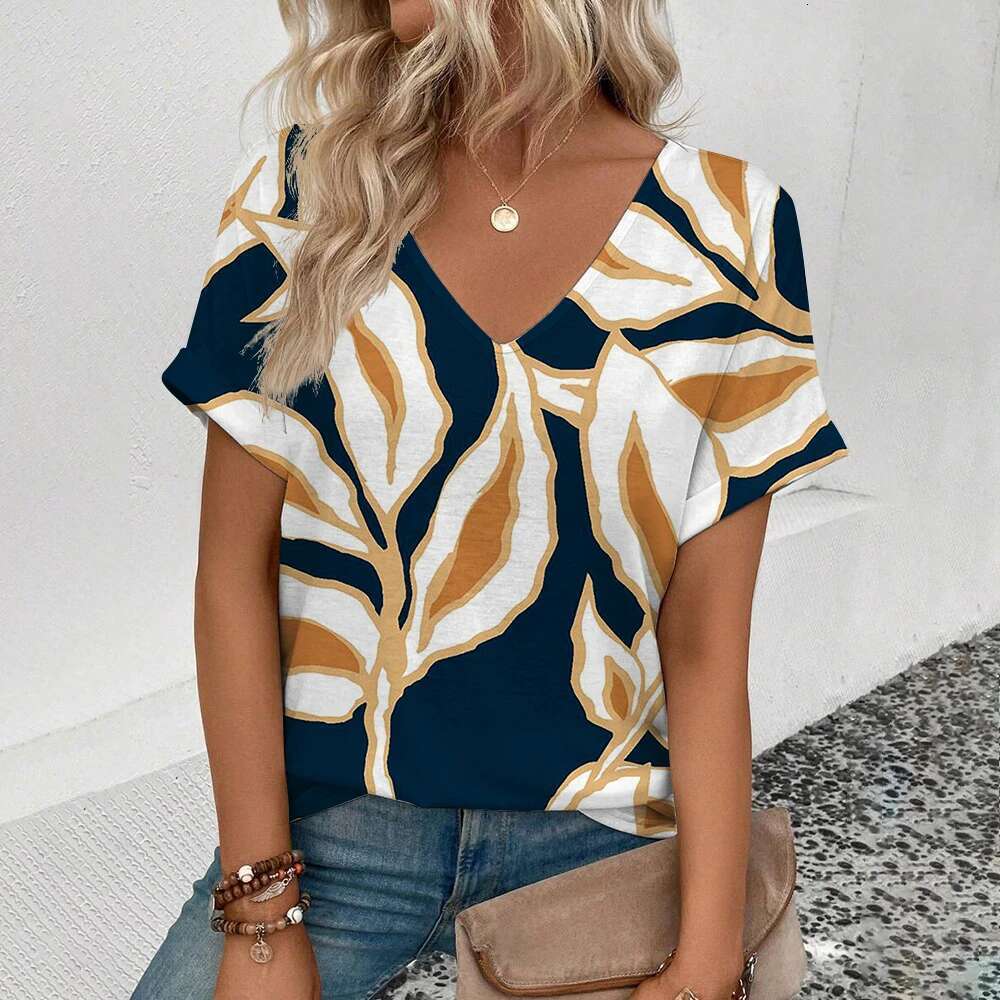Elegant V-Neck Fashion ral Pattern Print Popular Women's Short Sleeve Summer Leisure T-Shirt