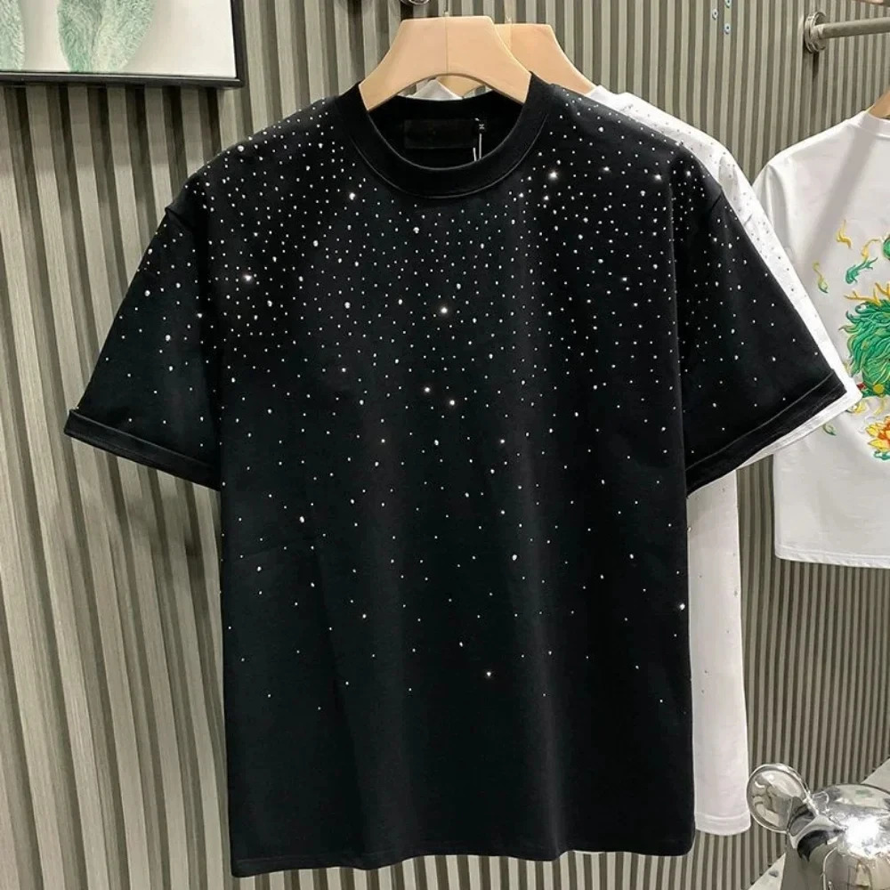 Summer mens clothing summer rhinestone rivet Tshirt round neck casual Korean version short sleeved 250409
