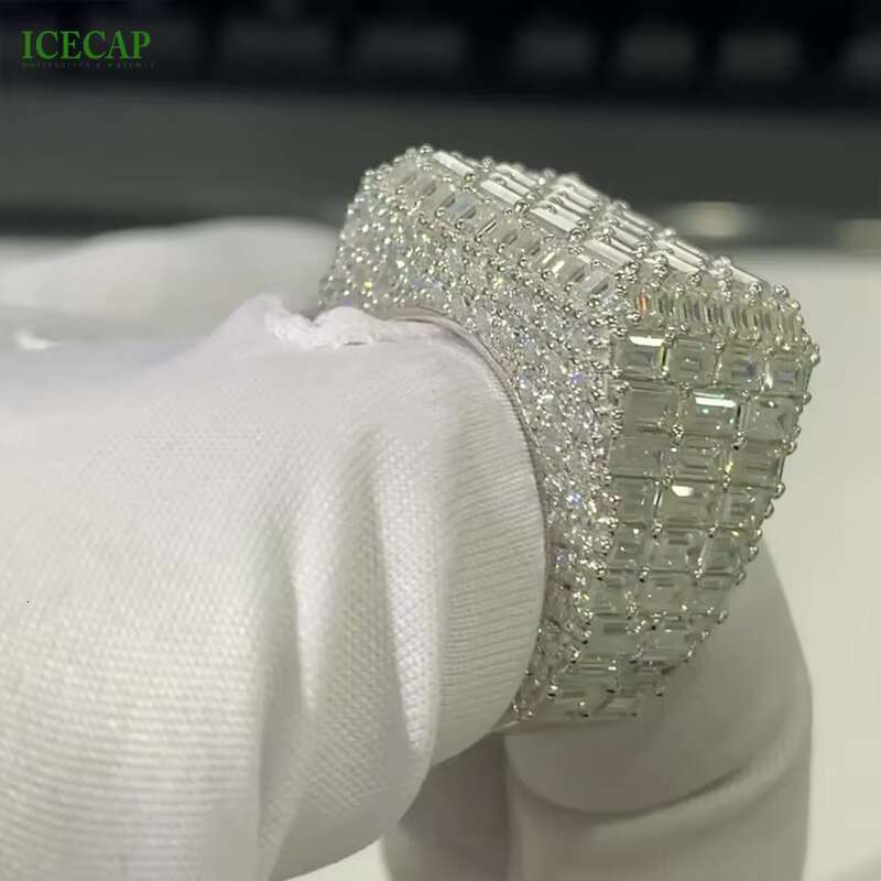 Rapper Custom Luxury Jewelry 925 Silver Rings Rectangular Hip Hop Diamond Ring Boxes Jewellery Packaging Moissanite Ring Men