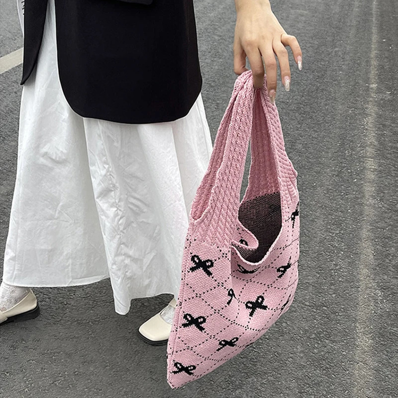 Butterfly knot knitted womens bag ecofriendly Korean folding shopping Y2K crochet rope shoulder Sweet handbag Ins 250408