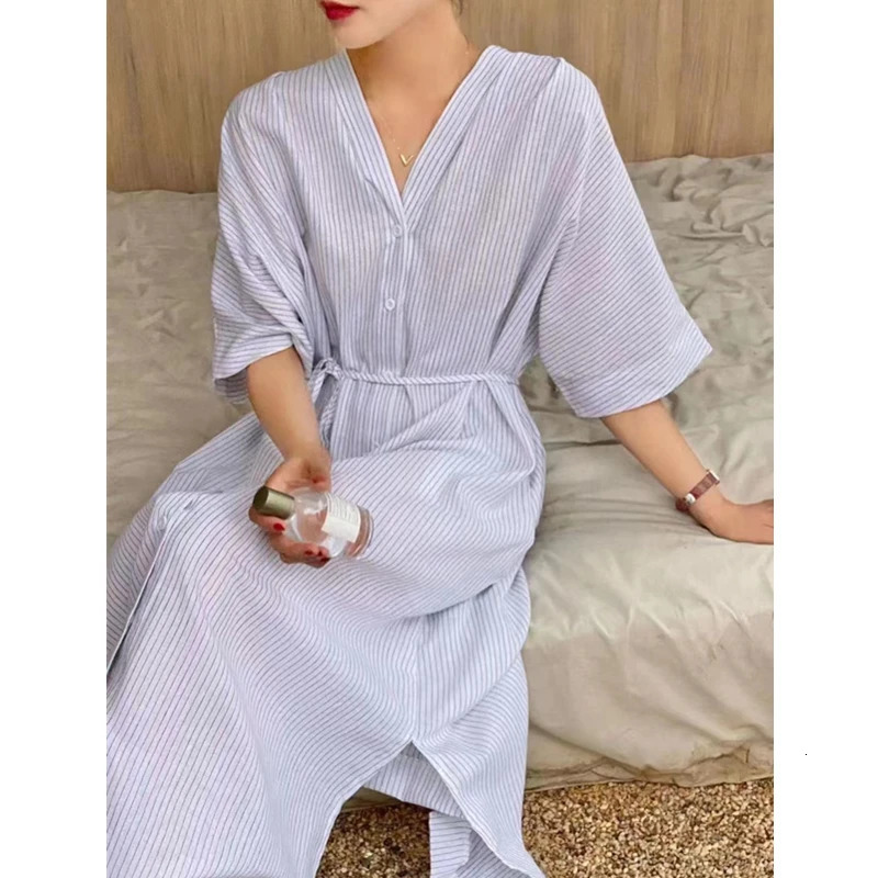 REALEFT Cotton Linen Striped Womens Dress Vneck Elegant Korean Lace Straight Skirt 250409