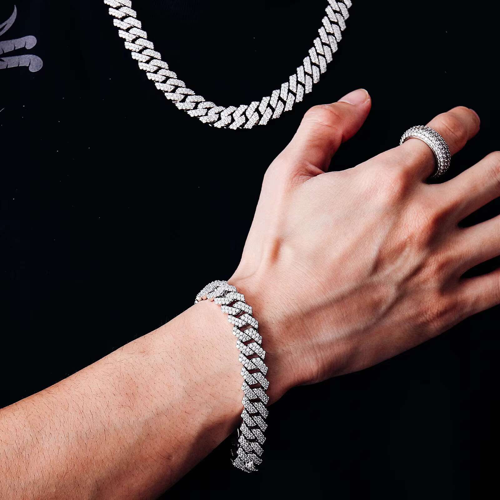 Jewelry Set Ready to Ship 12mm Moissanite Cuban Bracelet Chain Necklace 2 Rows for Men VVS D Iced Out 925 Sterling Silver
