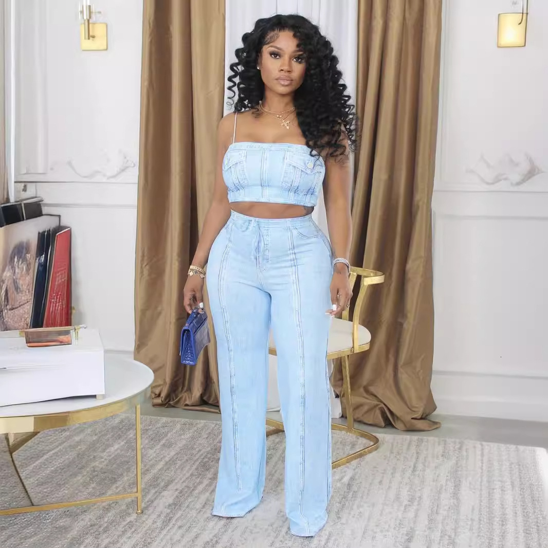 2025S Designer Women S Set Summer New INS Sexy And Versatile Tight Solid Color Cowboy Open Umbilical Back Tank Top Pants Set