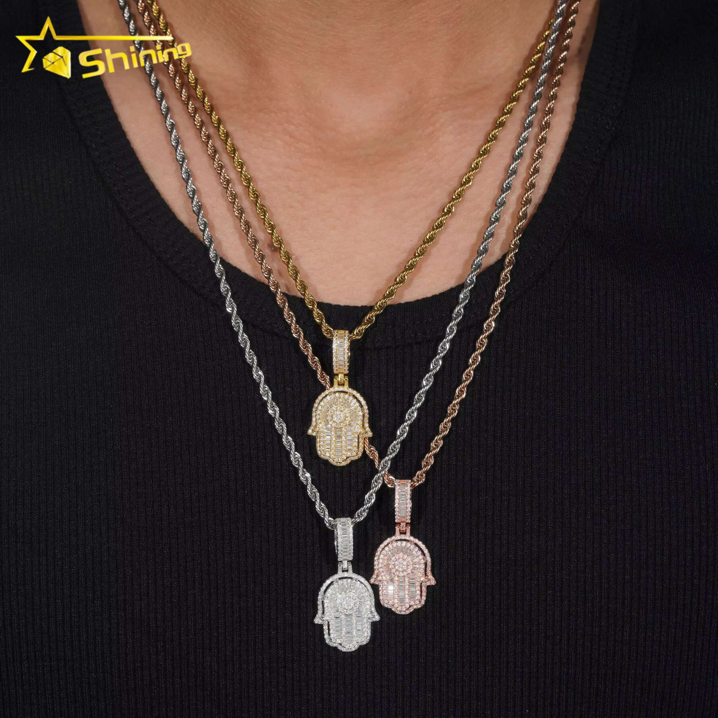 New Fashion Jewelry Hip Hop Jewelry S925 Gold Plated Cute Charms Two Layer Gra Certificate baguette Moissanite Men Hamsa Pendant