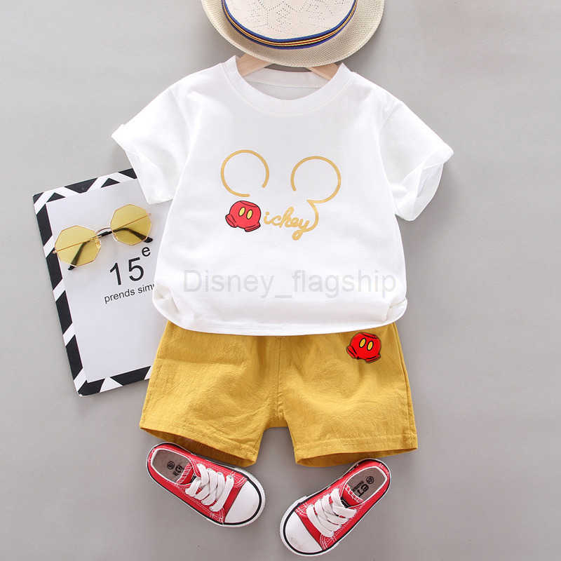 Disney Baby and childrens solid color summer pants fashionable baby summer outfit set trendy two-piece set cartoon T-shirt trendyXJ250409