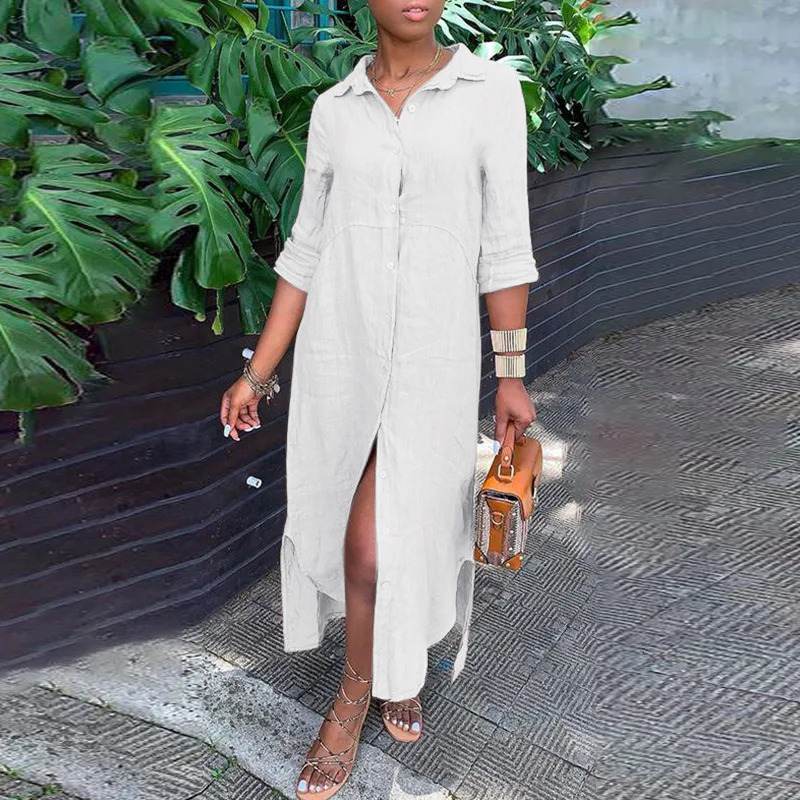 Summer Womens Long Skirt Collection Solid Color Retro Cotton Linen Shirt Collar Button 250409
