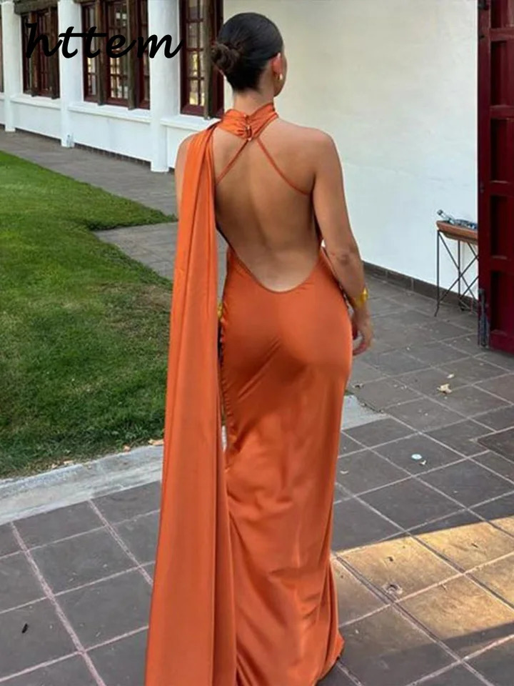 Elegant satin ribbon long party dress for women solid sleeveless and backless springsummer womens fashionable evening 250409