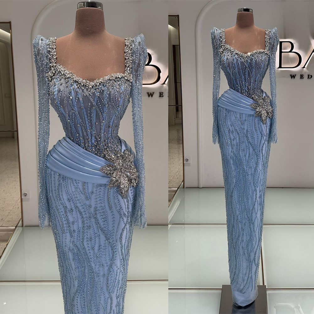 Elegant Mermaid Evening Dresses Crystal Sequins Beading Prom Gowns Long Sleeves Customized Slim Sweep Illusion Train Formal Occasion Party Dress Vesti