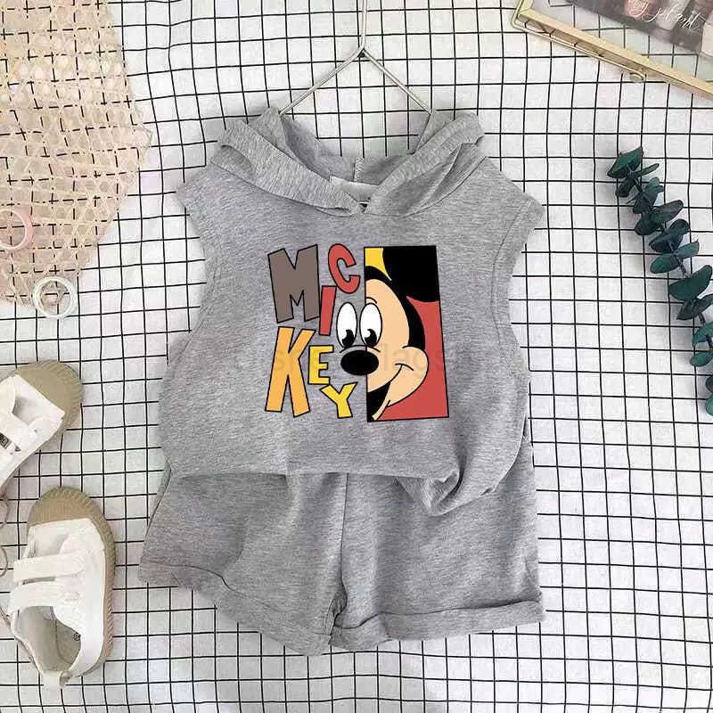 Disney Childrens vest hooded set summer outfit new shorts for boys and girls card boy sleeveless casual two-piece setXJ250409