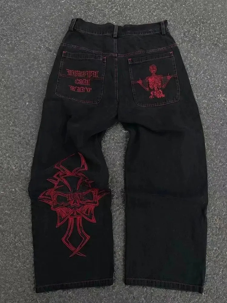 Mens Cotton Fashion Fully Embroidered Skeleton Loose Straight Casual Jeans Street Hip Hop Y2K Retro Pants 250408