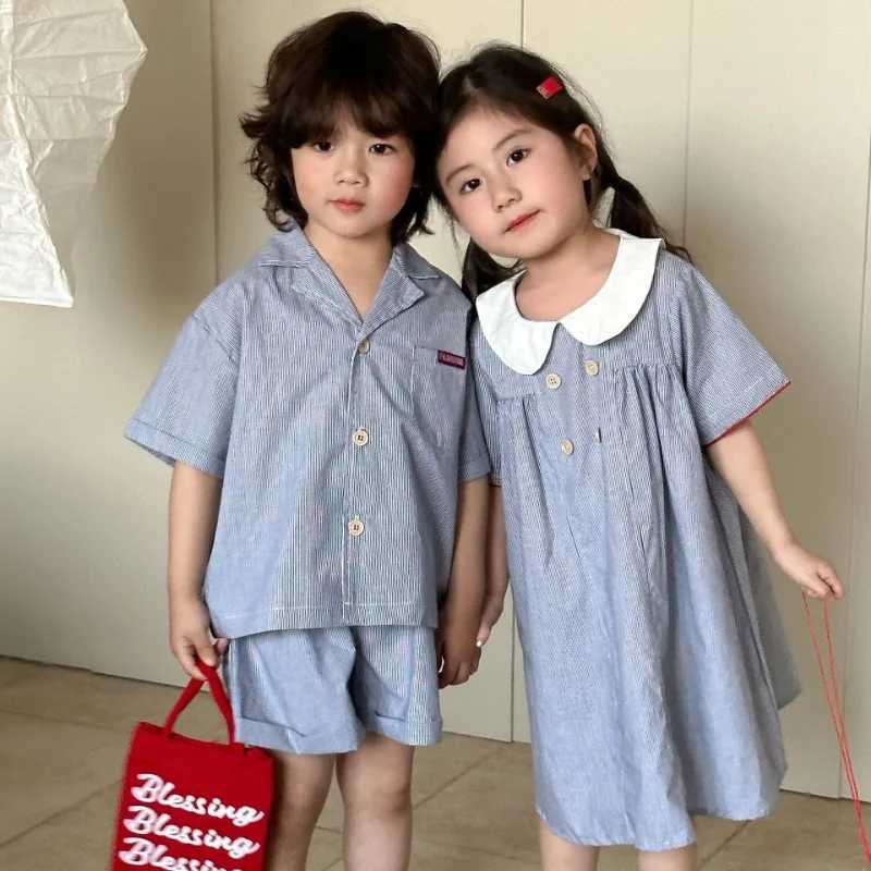 Brothers and sisters clothing summer plaid childrens lapel shirt+shorts boys 2PCS girls baby collar dress 1-8Y childrens clothing S2548