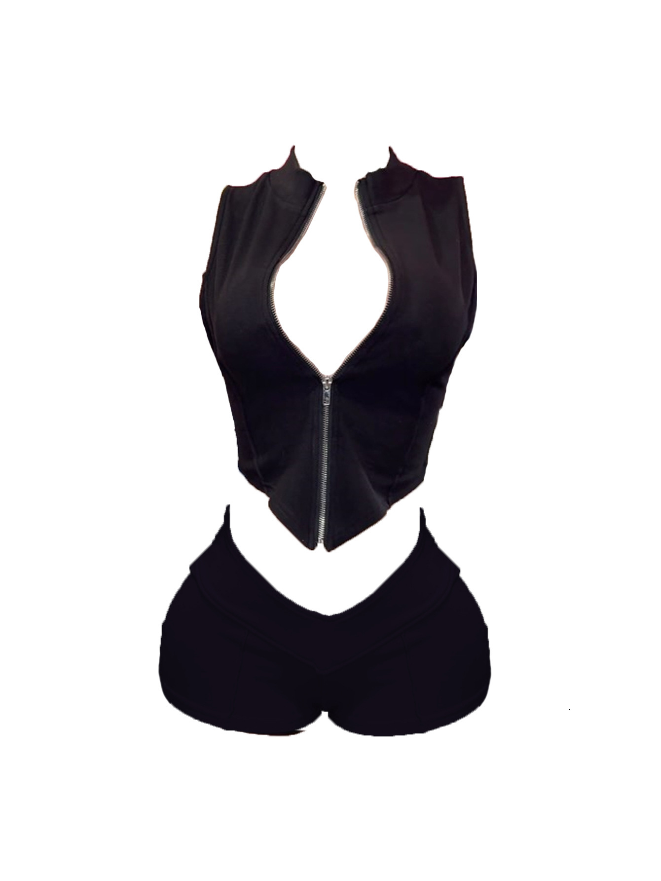 2025S Designer Women S Set New Women S Sexy And Fashionable Sleeveless Zipper Top V Neck Strapless Waist Length Shorts Set
