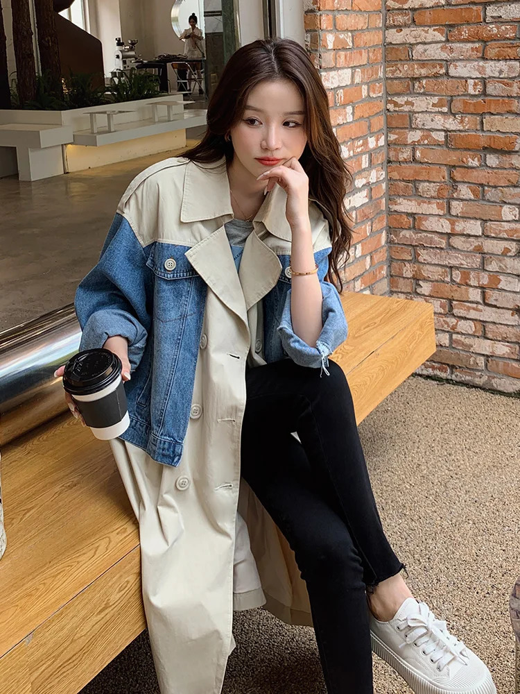 Trench Coat Womens Spring Autumn Large Windproof Machine Fashion Splicing Cowboy Long Student Casual Saco 250409