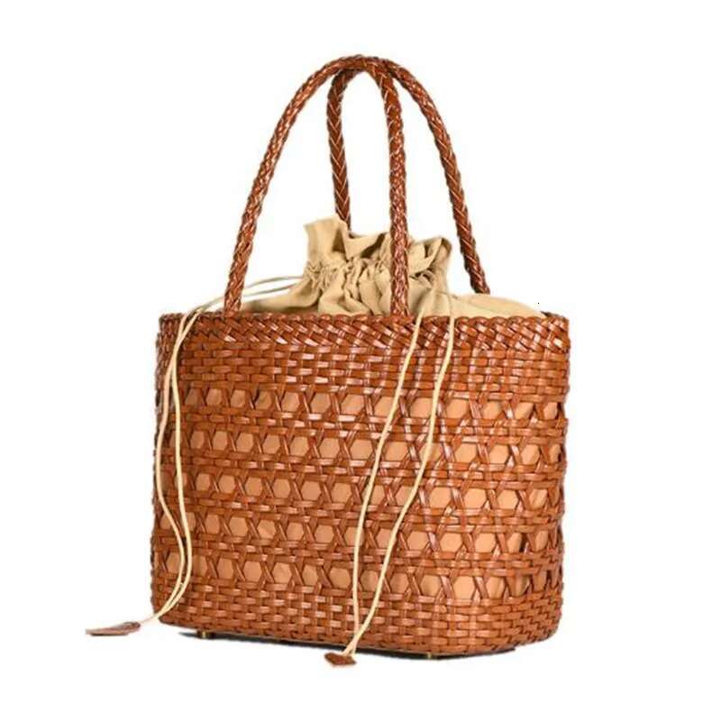 2024 Women's Genuine Leather Woven Shoulder With Inner Weaving Casual Shopping Bag Vintage Tote Purse