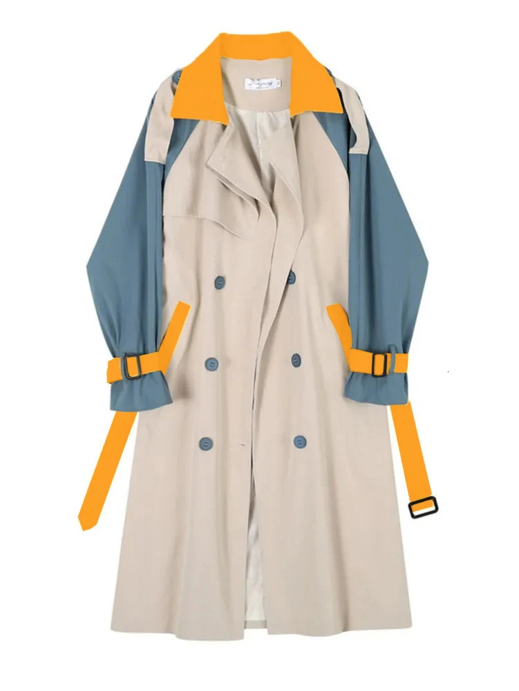 Womens medium to long color contrast patch work groove beltautumn belt Korean double chest sleeved windproof womens coat 250409