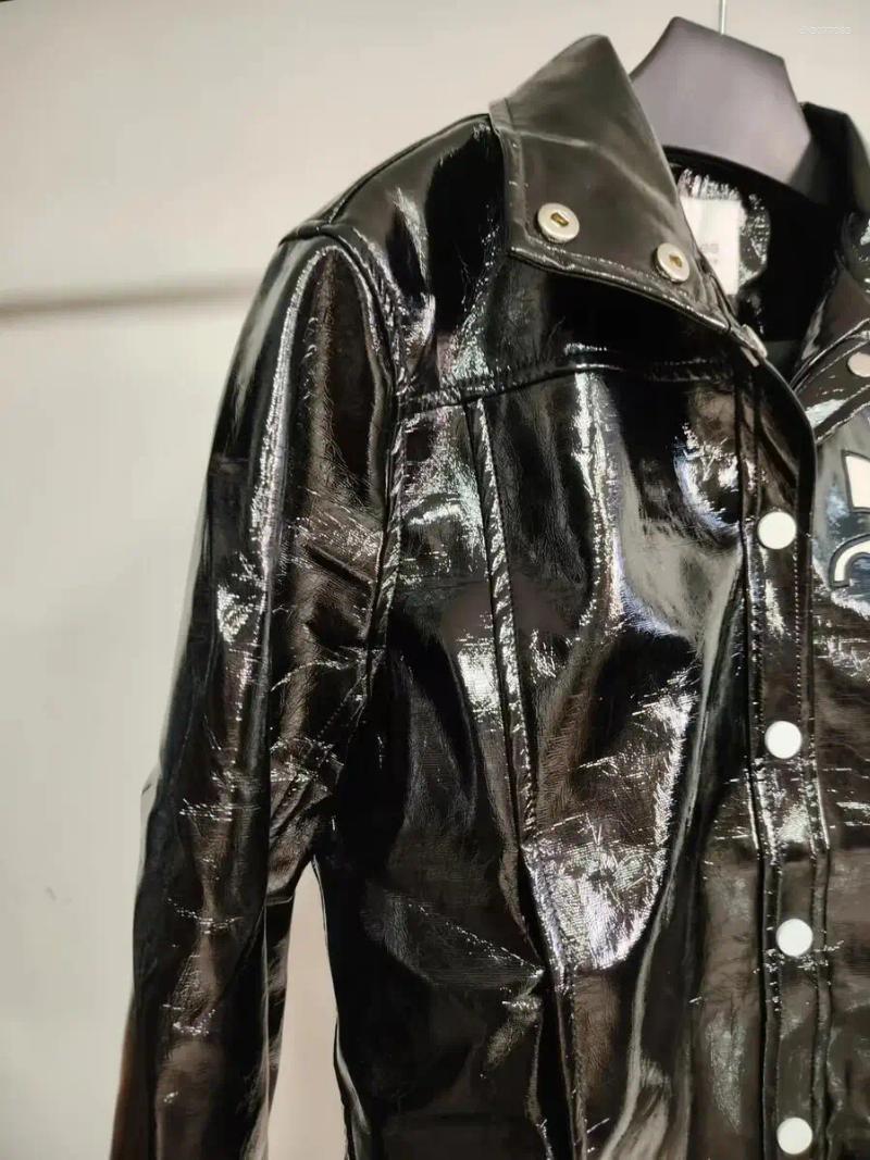women designer clothes French Classic PU Texture Shiny Leather Coat Black motorcycle short jacket Retro winter jacket women Outerwear parke