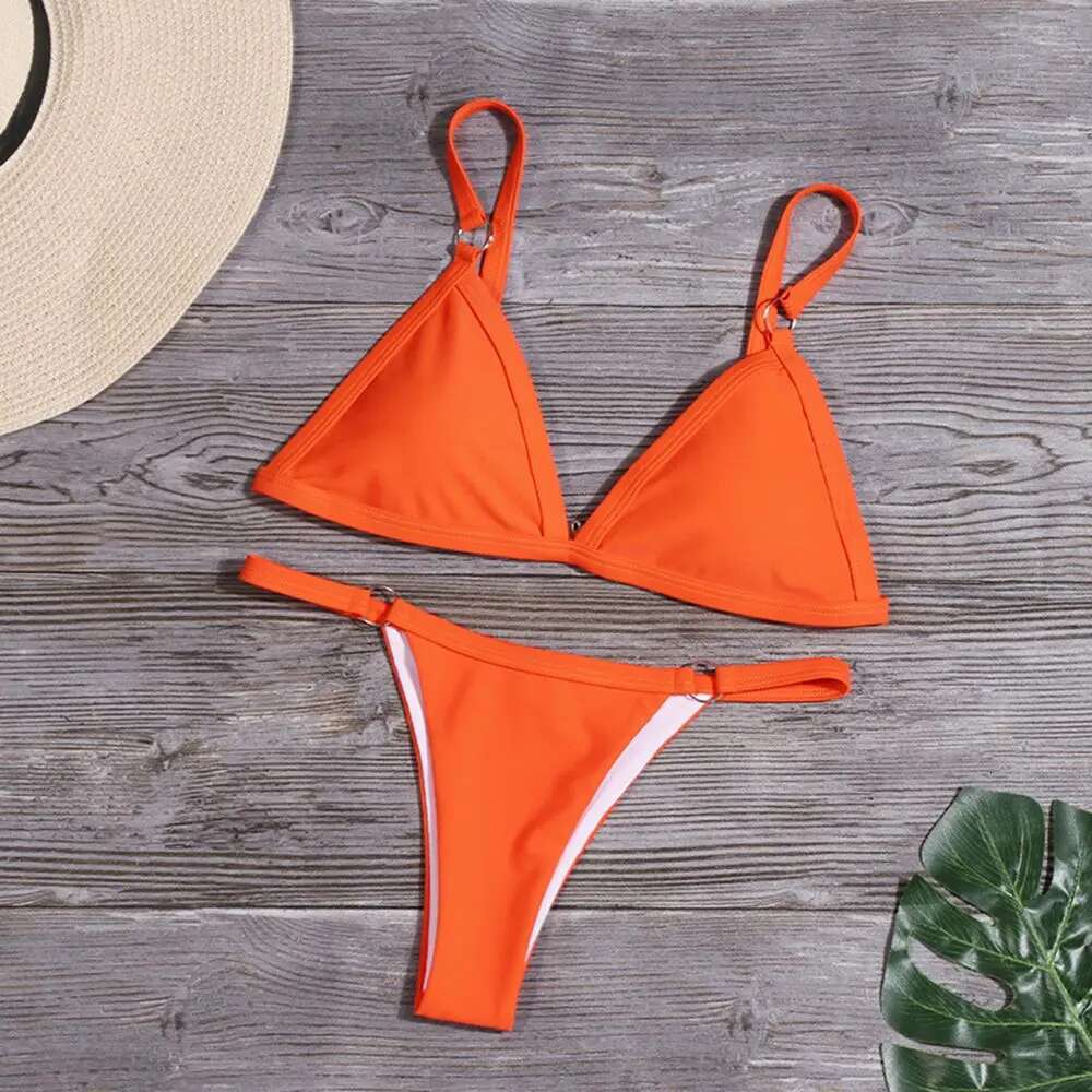 Ladies Sexy Solid Color Sg Bikini Set Metal Buckle Decorated Brazilian Beach Vacation Split Swimwear